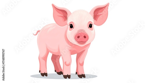 Adorable cartoon of a pink piglet with big ears, facing the viewer