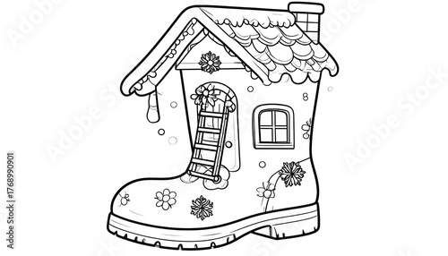 An outline of a boot transformed into a house in a wintry setting