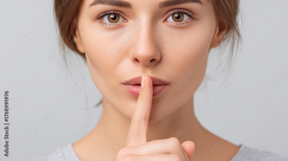 Naklejka premium Elegant woman's gesture for silence finger on lips expressing secrecy and quiet request.