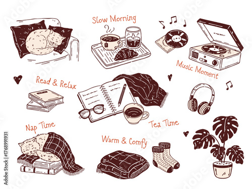 Vector textured monochrome cozy lifestyle set with cute cat, record player, headphones, tea, croissant, blanket, socks, books, notebook, pencil, glasses — unique hand-drawn scene with accent texture