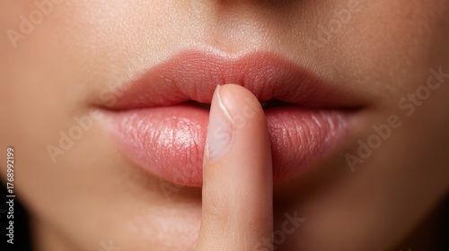Captivating close up of woman's lips with finger gently pressed signaling silence or secretive gesture.