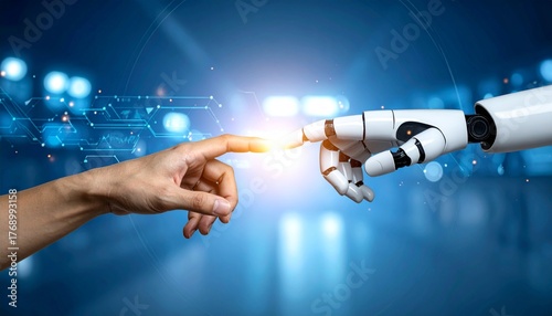 AI robot hand gently touching a human hand, illustrating digital connection and the theme of technology and empathy in a compelling futuristic light.