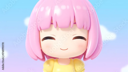 Cute 3D Cartoon Girl with Pink Hair Smiling under Blue Sky