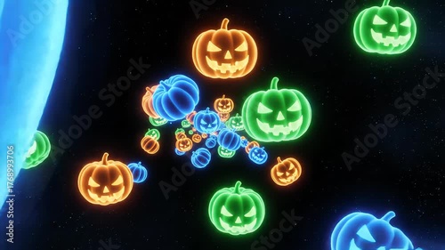 Neon Halloween Pumpkins Floating in Space Loop Background