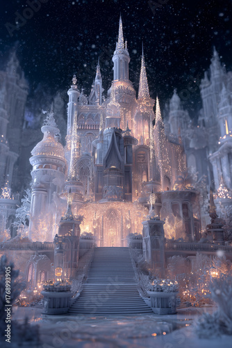 Magical Christmas castle made of ice and lights.