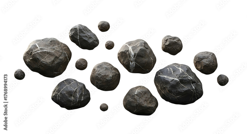 Fototapeta premium Collection of varied grey rocks and pebbles isolated on transparent background