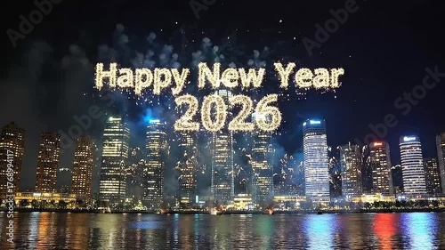Massive New Year 2026 Fireworks Display over Modern City Waterfront