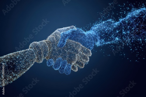 A conceptual image showing two hands shaking over a network of connected lines, symbolizing trust and collaboration between humans and robots in a digital world.