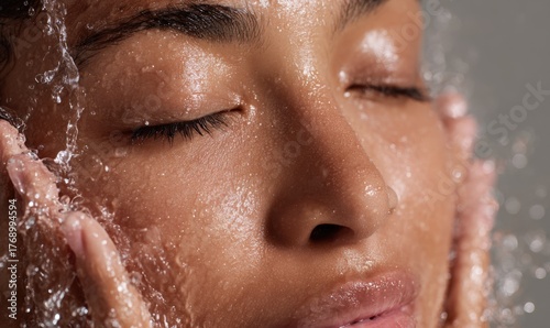 Woman washing face with water, refreshing skincare routine.