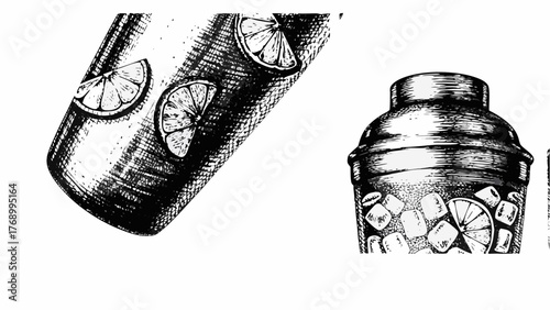 Vintage style cocktail shaker with lemon and ice art, perfect for bar promotions and menu designs
