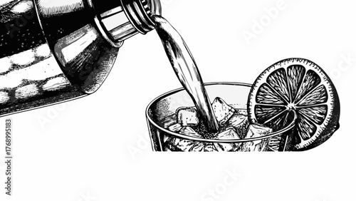 Refreshing cocktail pouring into a glass with ice cubes and a lemon slice illustration
