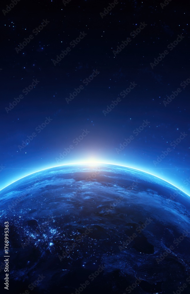 Fototapeta premium Earth from space at night showing city lights and starry sky. Beautiful view of planet Earth with illuminated urban areas and cosmic background.