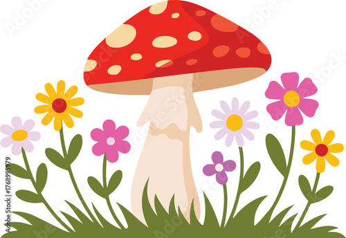 Mushroom with colorful flower's plants, leaves, grass, forest, flora, flower, hand-drawn, vector, illustration.