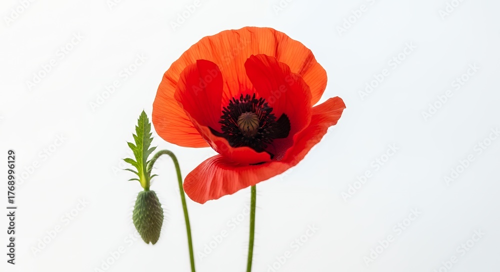 Fototapeta premium Vibrant red poppy blooms with bud on white background