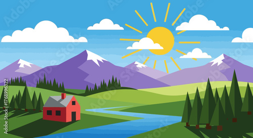 Scenic Landscape A Red House Nestled Amidst Mountains, Trees, River, and a Sunny Sky