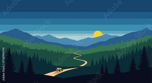 Minimalist vector landscape of majestic mountains, dense pine forests, and a winding path to a secluded cabin, bathed in the soft light of a rising sun, evoking tranquility