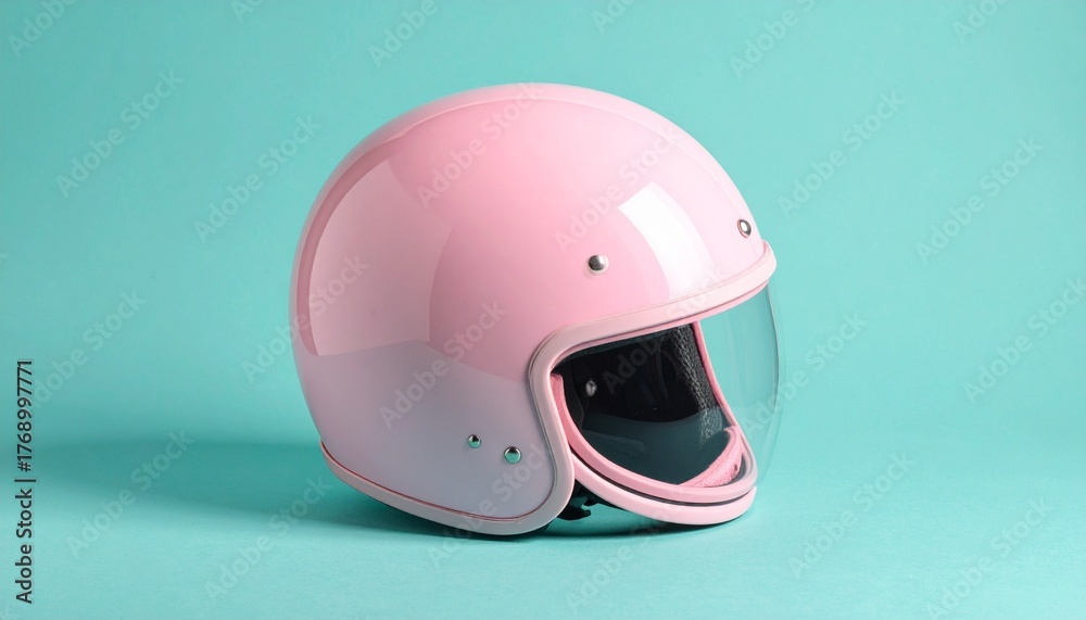 Fototapeta premium A sleek pink open-face motorcycle helmet with a clear visor and red chin strap buckle rests against a solid turquoise background