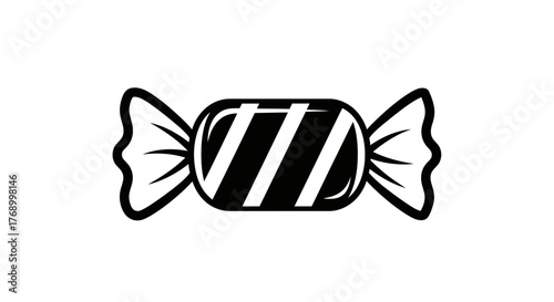 Simple black and white illustration of a wrapped candy with decorative ends