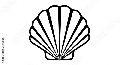 Simple black and white illustration of a single scallop seashell outline