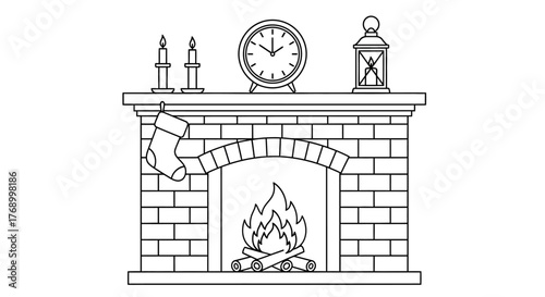 A cozy fireplace scene with clock candles and a festive stocking