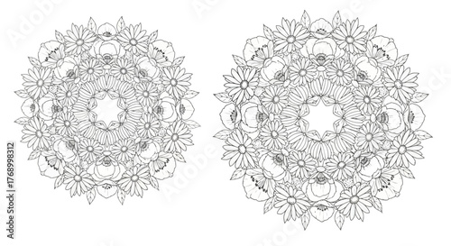 Intricate floral mandalas display detailed symmetry and calming black and white designs