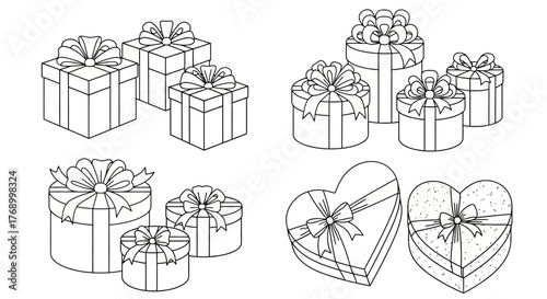 Collection of beautifully decorated gift boxes and heart shaped presents