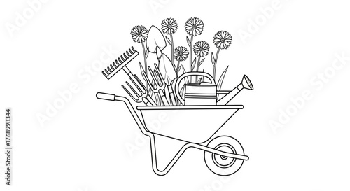 A charming garden scene featuring tools flowers and a wheelbarrow