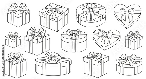 Collection of beautifully outlined gift boxes and hearts with decorative bows