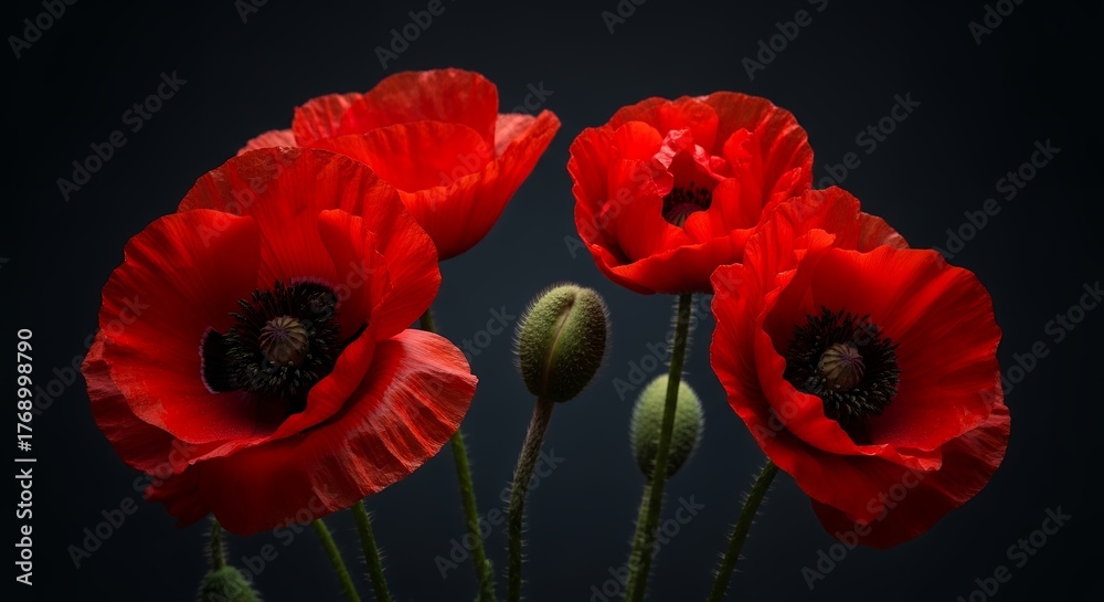 Obraz premium Vibrant red poppies bloom with lush green buds