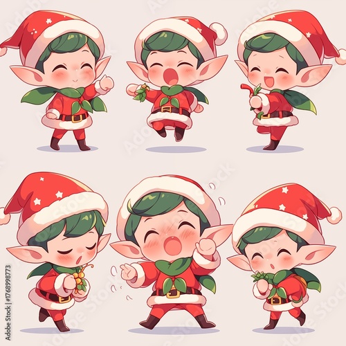 Cute Chibi Christmas Elves Vector Collection with Presents and Various Poses