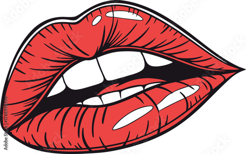 Red lipstick illustration vector of a woman's smiling lips and mouth, symbolizing beauty, love, and sensuality