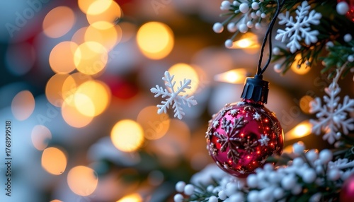 Festive Holiday Lights with Snowflakes and Bokeh Background