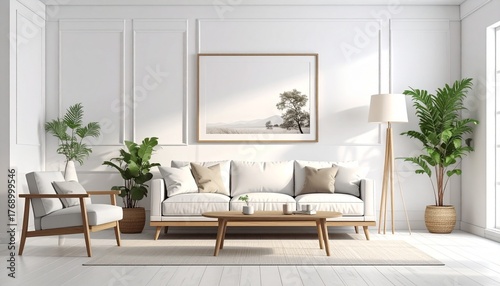 Bright and cozy modern living room interior have sofa and lamp with white wall background.