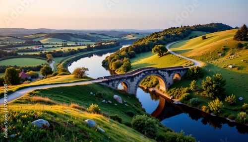 Panoramic Aerial Ancient Bridge Lush Landscape