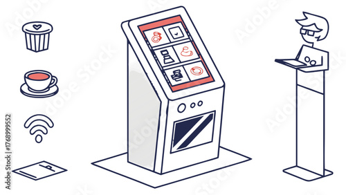 Isometric illustration of a self service kiosk with a person using a tablet and coffee icons around it