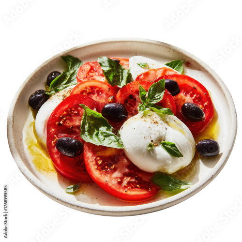 Fresh Burrata Caprese Salad Sliced Tomatoes, Mozzarella, Olives, Basil on a White Plate