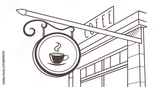 Coffee shop sign hanging outside the building with coffee cup and steam illustration design element