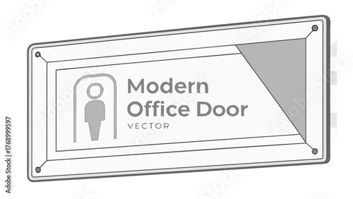Illustration of a modern office door sign with a male figure and a gray corner design element shown