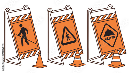 Three orange caution signs with different symbols and traffic cones standing next to the signs