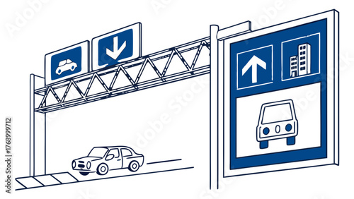 Illustration of a car driving under a highway sign with directions to a city and a car route