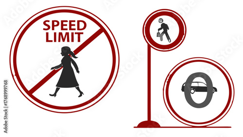Illustration of speed limit sign with woman crossing out and pedestrian and car sign on a pole