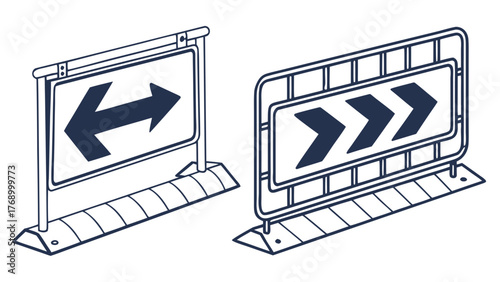 Illustration of two road barricades with directional arrows pointing left and right directions on white