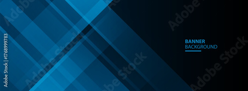Sleek blue and black abstract geometric banner background with overlapping transparent layers for modern digital design
