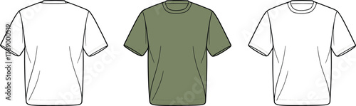 Cad drawing flat vector illustration, white and olive green t-shirts, fashion mockup, apparel design template, minimalist clothing layout