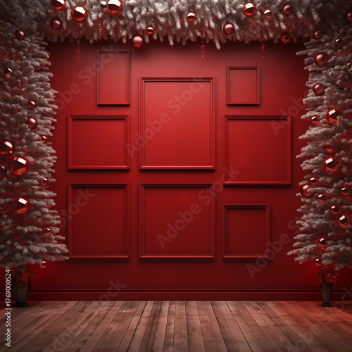 Christmas Gallery Wall Display: Festive Red Background with Empty White and Vintage Frames Decorated with Pine Garland and Ornaments