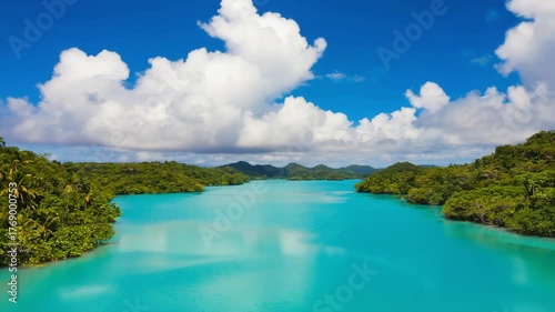Tropical Blue Lagoon with White Clouds, Peaceful Ocean Landscape
