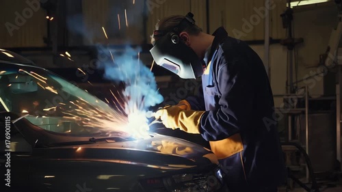 Professional Welder in Action, Sparks and Blue Flame in Factory Setting