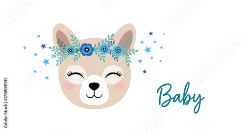 Cute cartoon baby llama or alpaca head with a blue floral wreath and sparkling stars, beside the word 'Baby' in script.