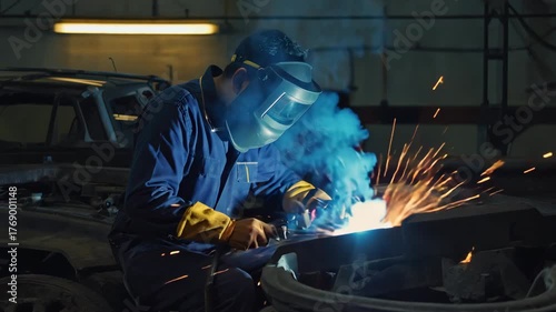 Professional Welder in Action, Sparks and Blue Flame in Factory Setting