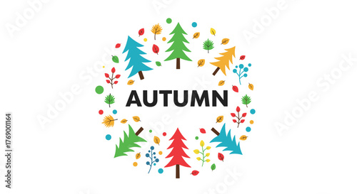 Vibrant autumn season design with stylized trees, leaves, and berries forming a decorative wreath around the word \.